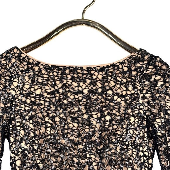 AIDAN MATTOX SEQUIN EMBELLISHED CROCHET LACE BOAT NECK 3/4 SLEEVES SHEATH DRESS - Picture 11 of 14